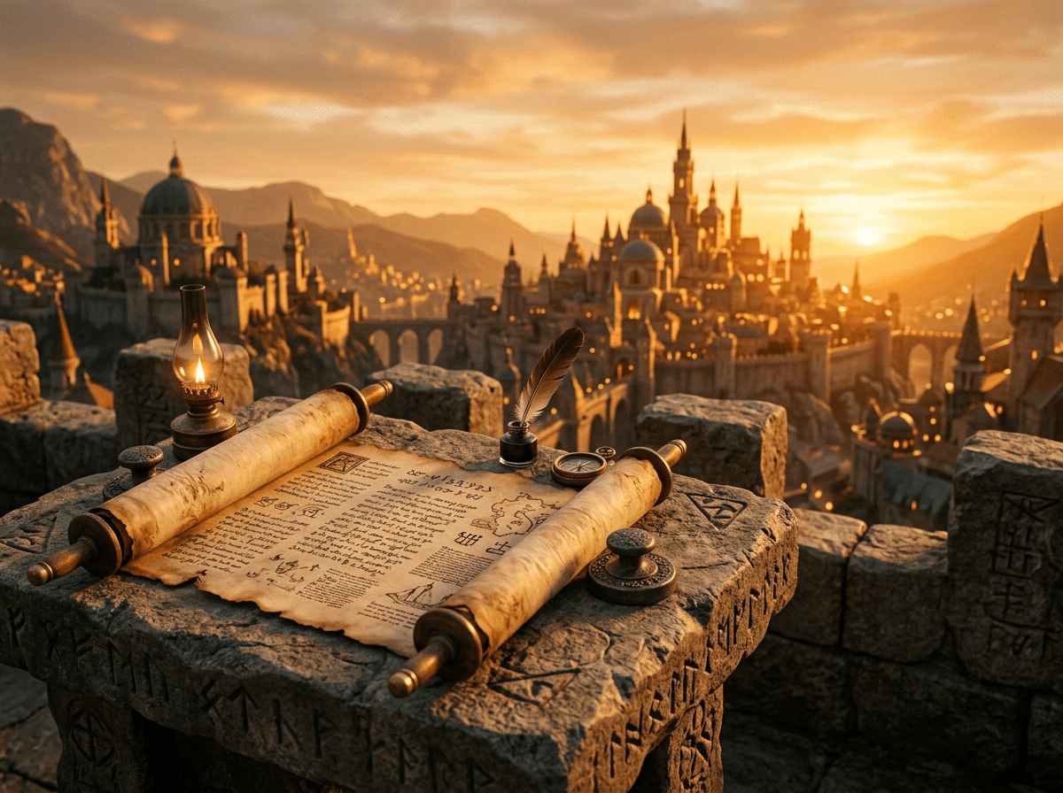 Ancient scroll with quill and oil lamp on stone table overlooking medieval castle city at sunset