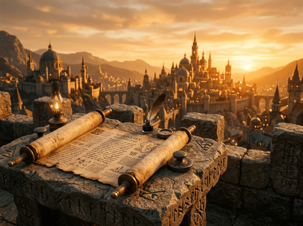 Ancient scroll with quill and oil lamp on stone table overlooking medieval castle city at sunset