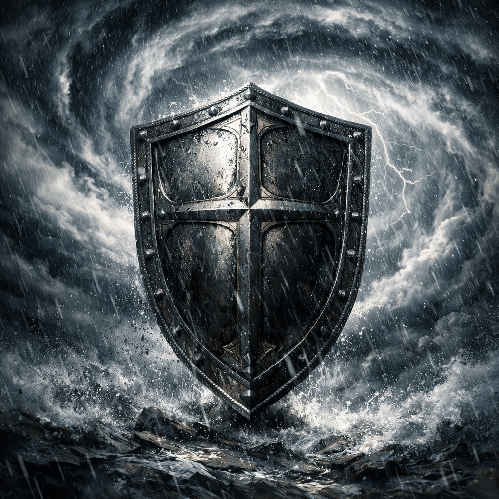 Metal shield with cross design amidst rain and stormy waves