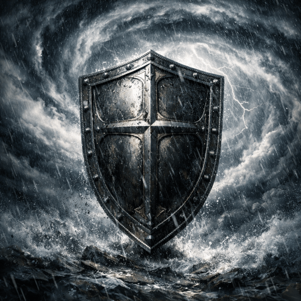 Metal shield with cross design amidst rain and stormy waves
