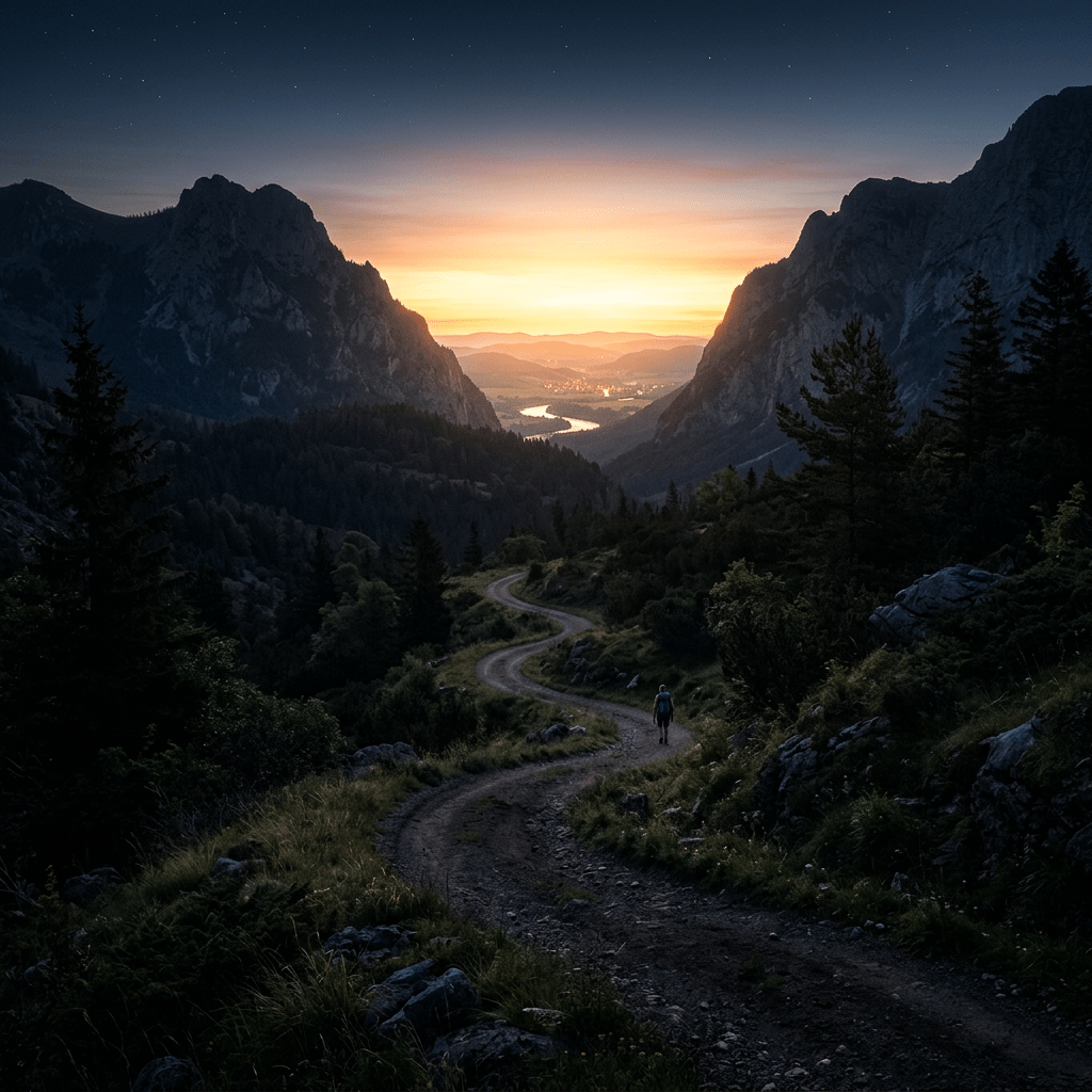 Winding dirt trail through forested mountains at sunset with river in the distance