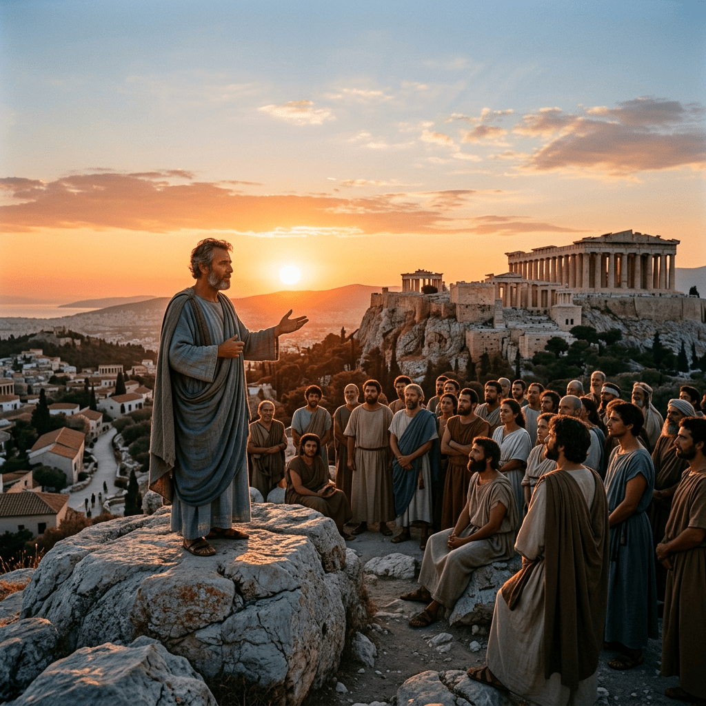 A man in ancient Greek robes speaking to a group of people with the Acropolis in the background at sunset