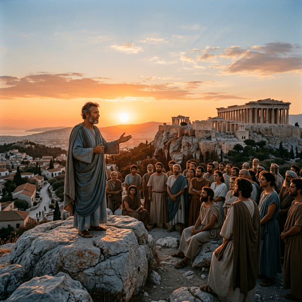 A man in ancient Greek robes speaking to a group of people with the Acropolis in the background at sunset