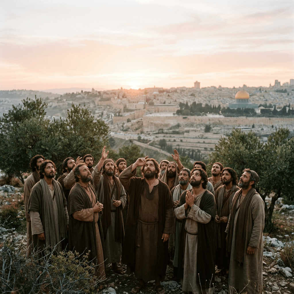 Men in ancient robes standing outdoors looking up with Jerusalem and the Dome of the Rock in the background at sunrise