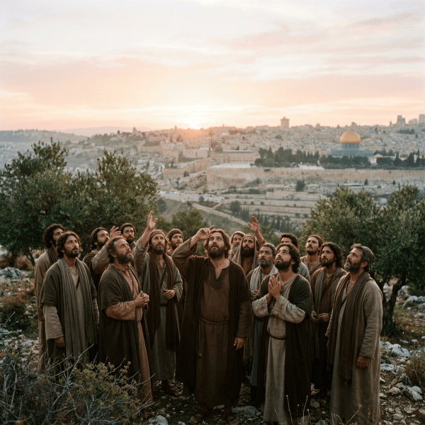 Men in ancient robes standing outdoors looking up with Jerusalem and the Dome of the Rock in the background at sunrise