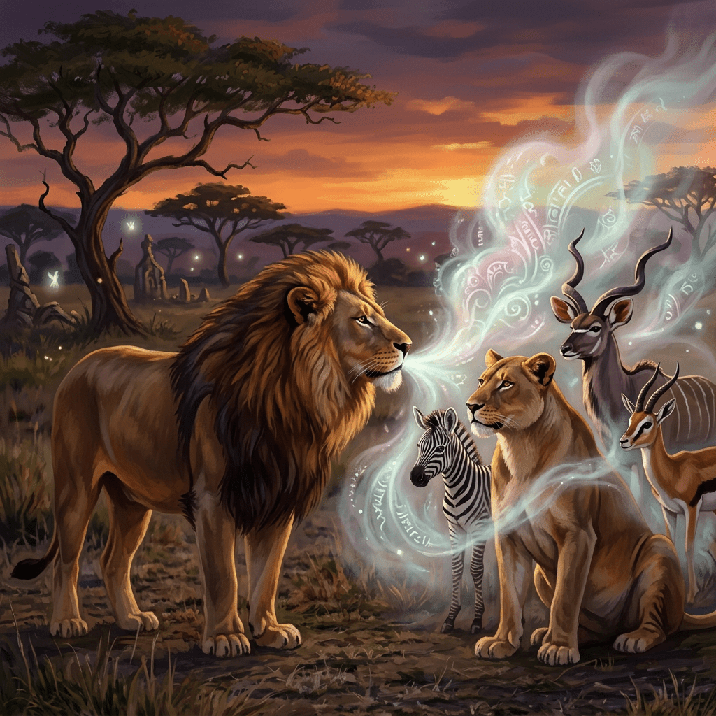 Male and female lions facing each other in a grassy savannah during sunrise