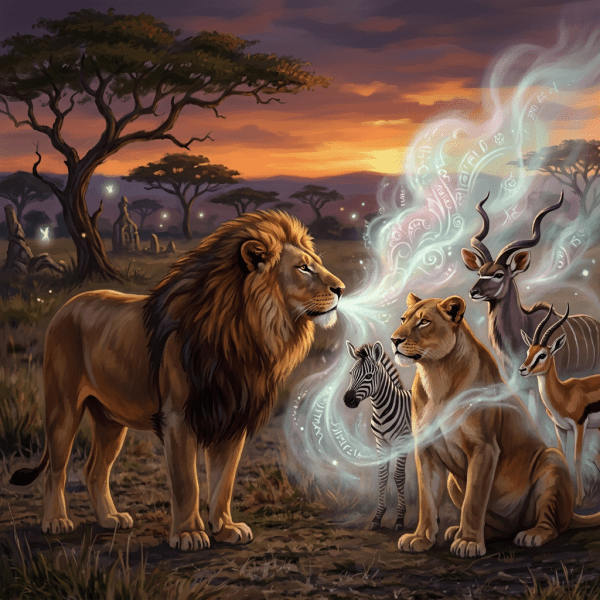 Male and female lions facing each other in a grassy savannah during sunrise