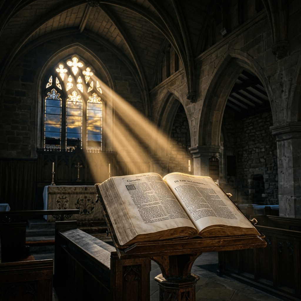 Open Bible on wooden stand illuminated by sunlight through stained glass windows in a stone church interior