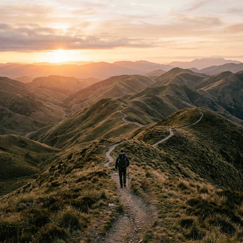 A lone hiker with backpack and walking stick on a dirt trail along grassy mountain ridges at sunset.