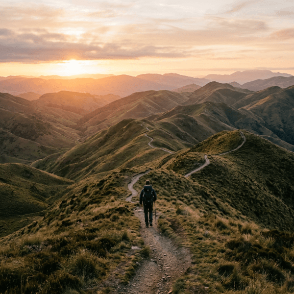 A lone hiker with backpack and walking stick on a dirt trail along grassy mountain ridges at sunset.