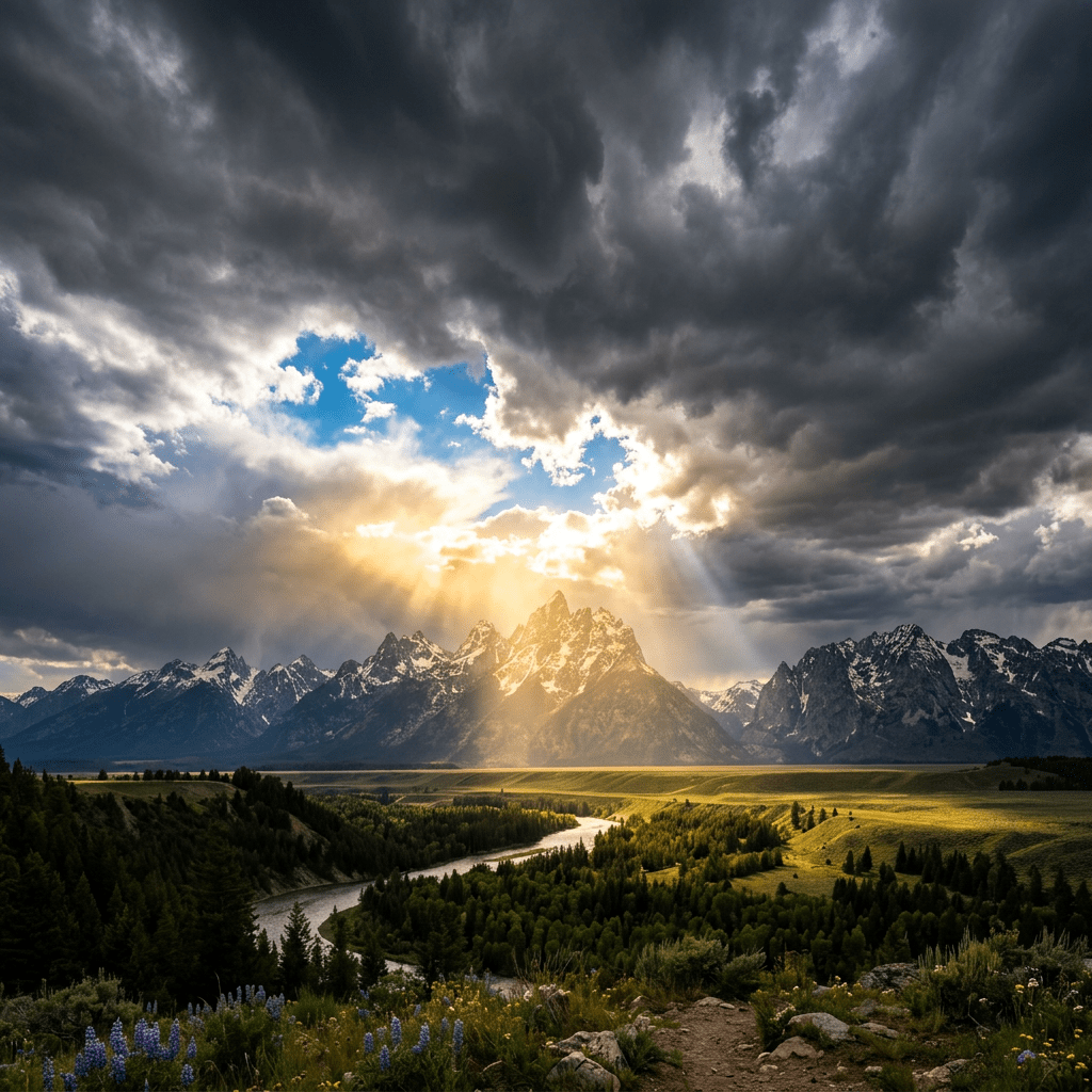 Sunlight rays breaking through dark clouds above snow-capped mountains and a winding river surrounded by green forest and meadows