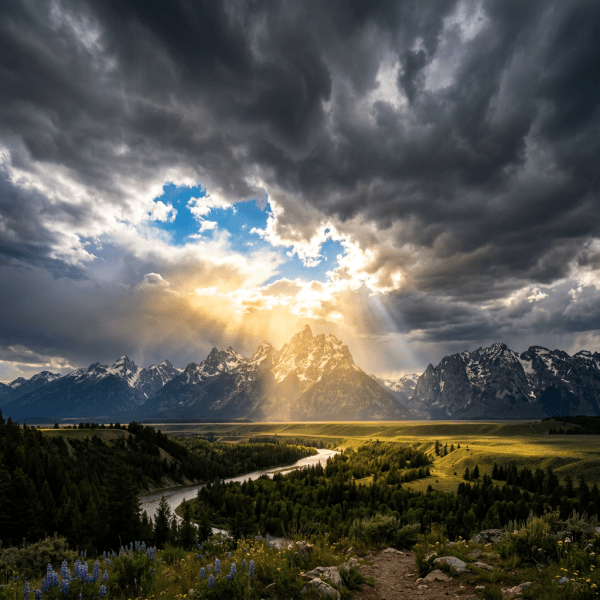 Sunlight rays breaking through dark clouds above snow-capped mountains and a winding river surrounded by green forest and meadows