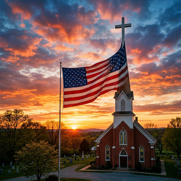 American flag waving in front of a church with stained glass windows at sunset