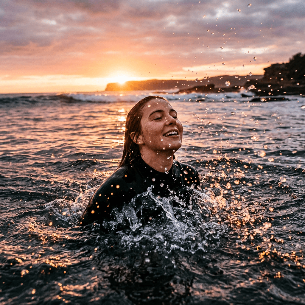 Woman smiling and splashing water while swimming in the ocean at sunset