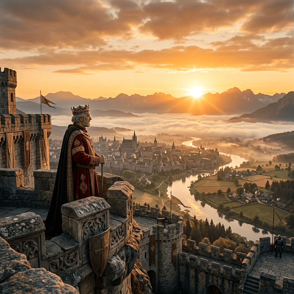 King in royal robes standing on castle balcony overlooking river and medieval town at sunset