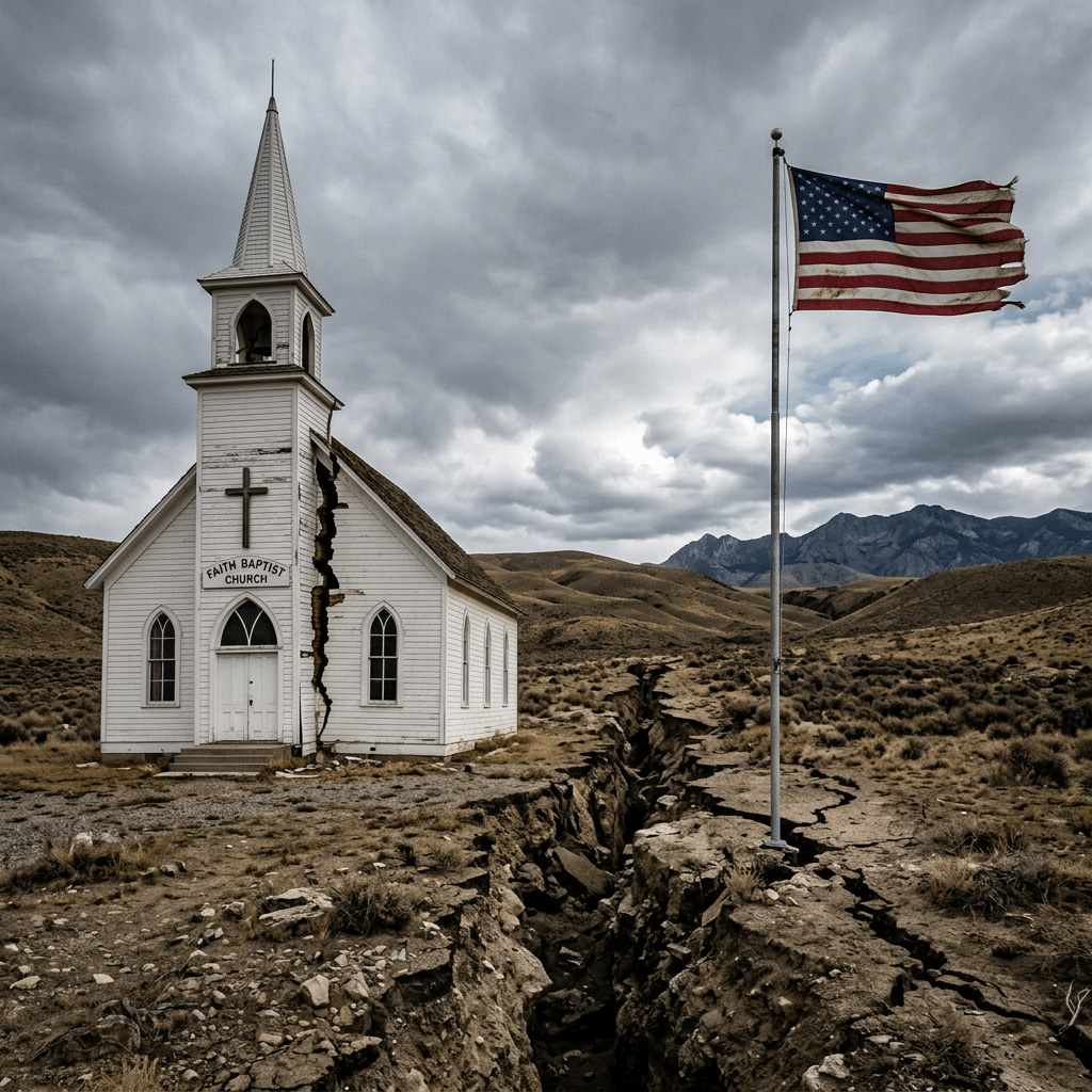 White rural church split by large vertical earthquake crack next to deep ground fissure and tattered American flag