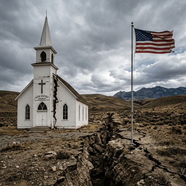 White rural church split by large vertical earthquake crack next to deep ground fissure and tattered American flag
