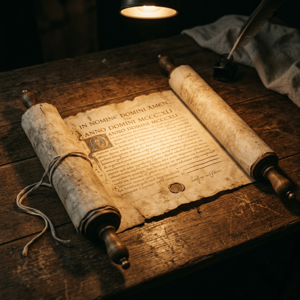 Ancient parchment scroll with Latin text, quill, and inkpot on wooden table