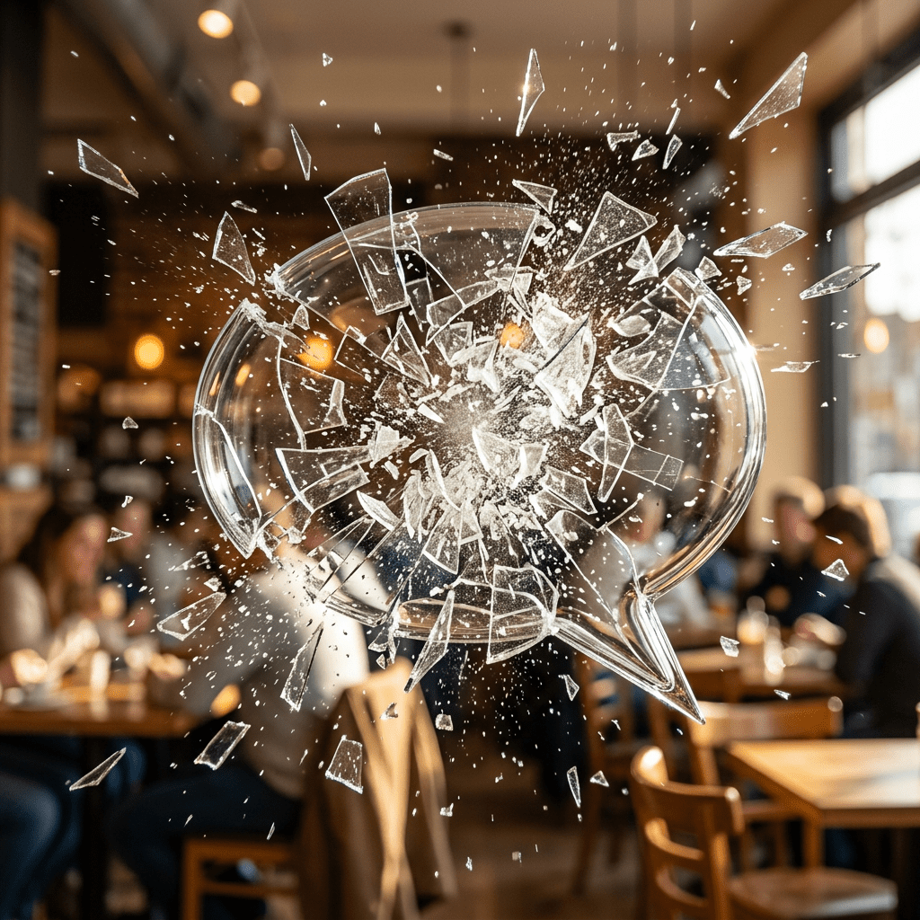 Glass speech bubble breaking into pieces in a café