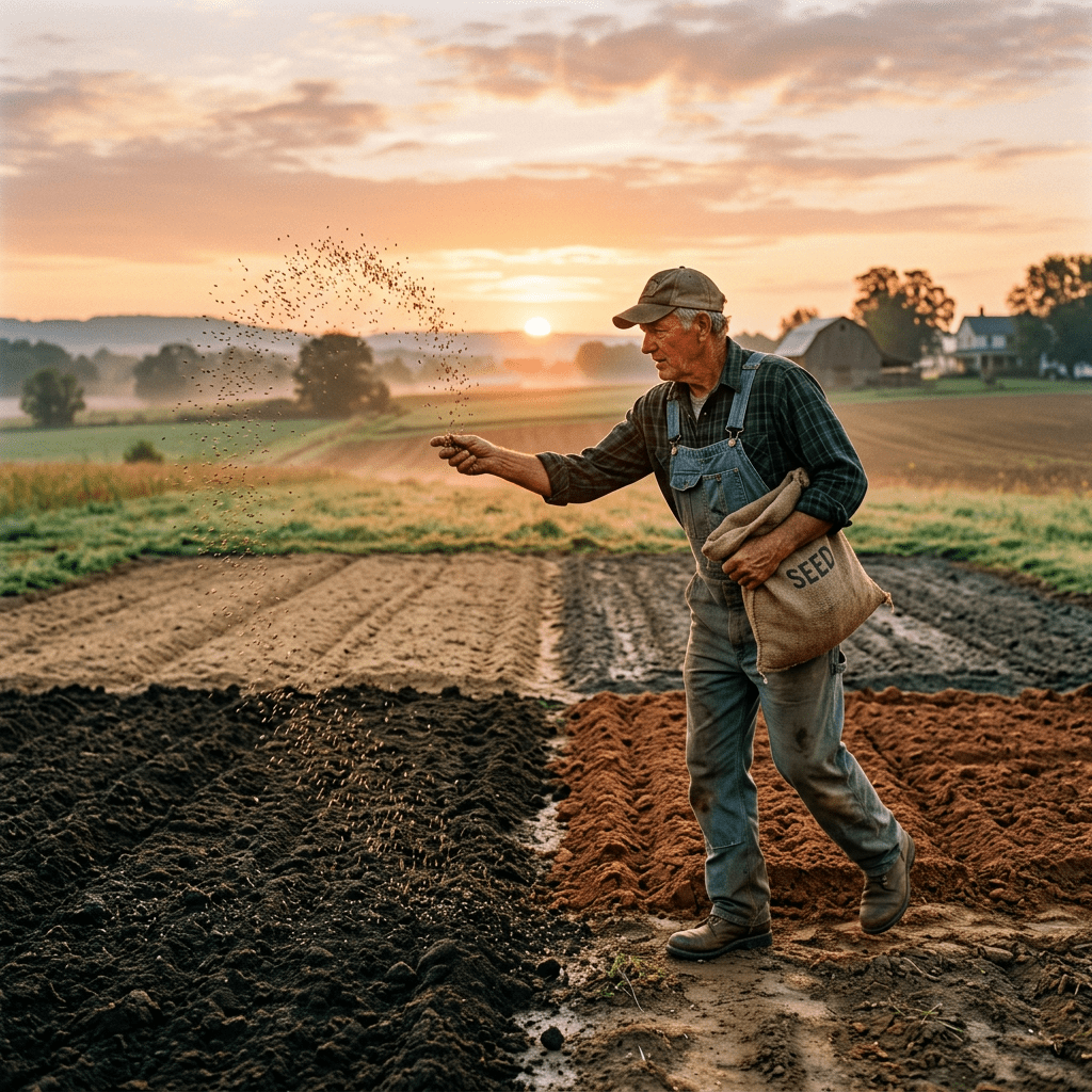 Farmer scattering seeds over prepared soil in a field at sunrise