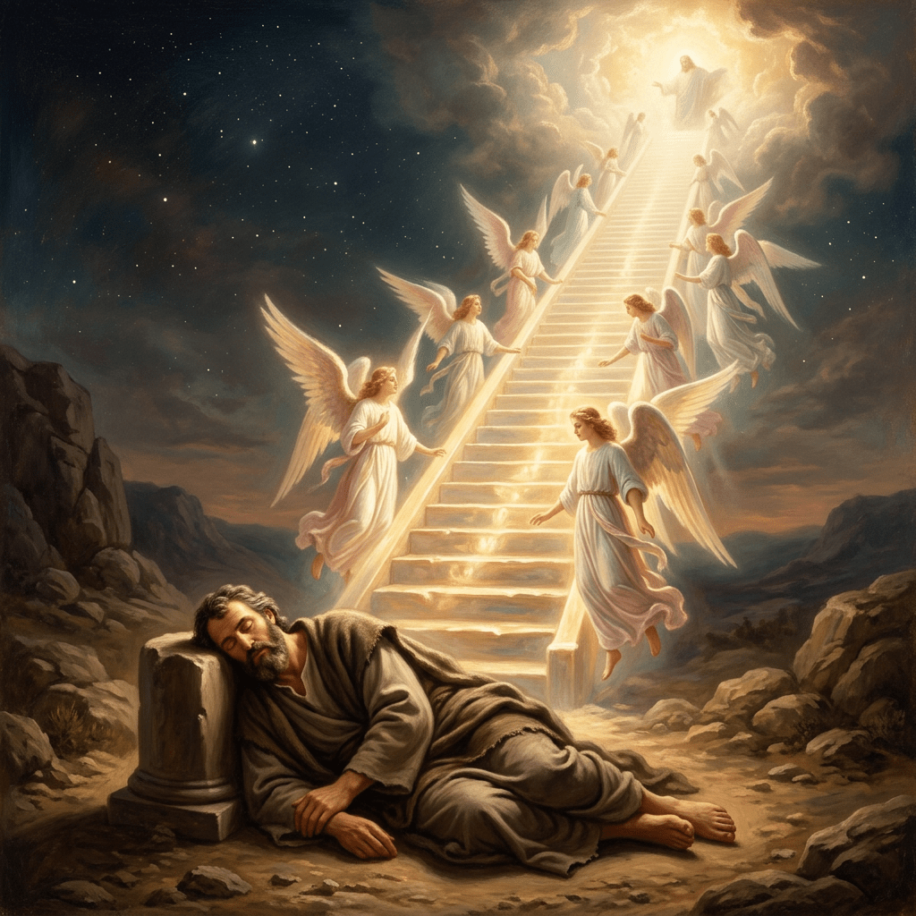 Sleeping man leaning on a stone pillar with a glowing ladder to heaven surrounded by angels