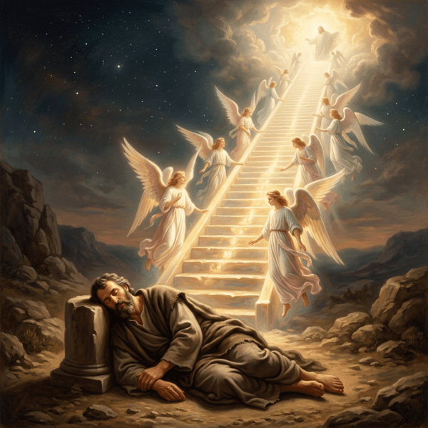 Sleeping man leaning on a stone pillar with a glowing ladder to heaven surrounded by angels