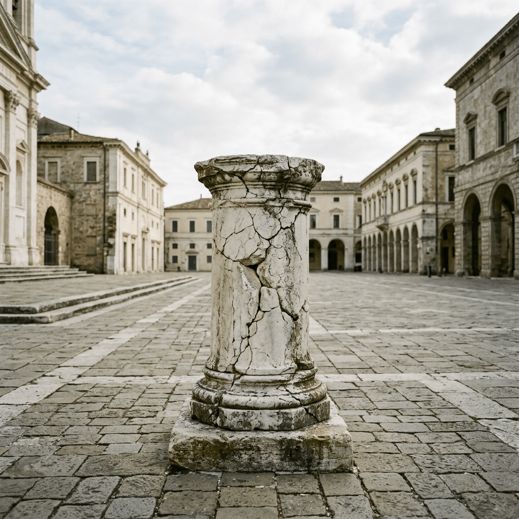 Cracked marble column standing on stone pavement in historic European square