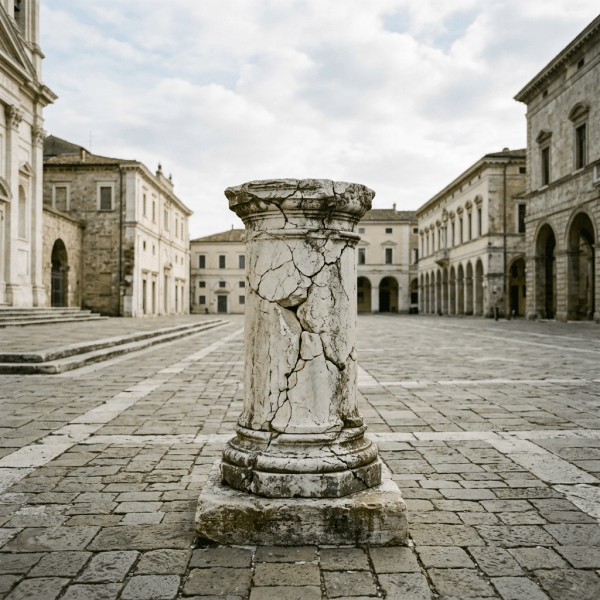 Cracked marble column standing on stone pavement in historic European square
