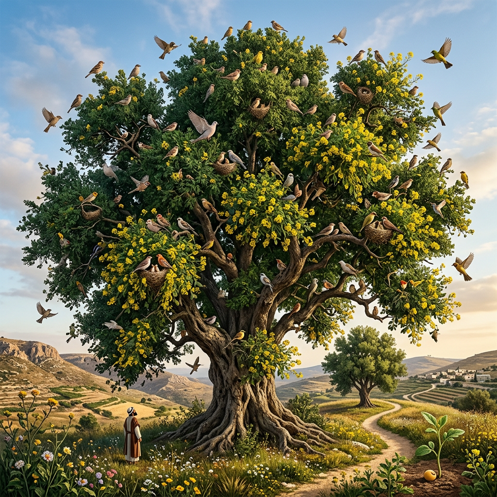A large tree with yellow flowers filled with many differently colored birds, a person in traditional clothing stands nearby, and rolling hills with another tree and small village in the background.