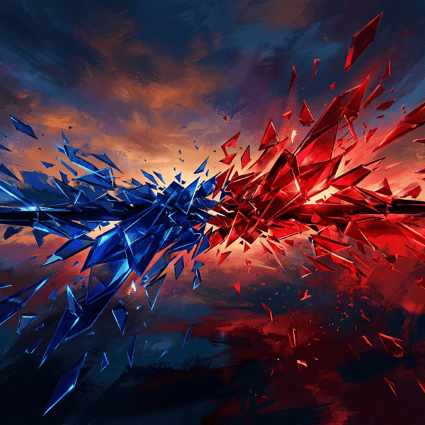 Red and blue glass shards colliding against a moody sky background