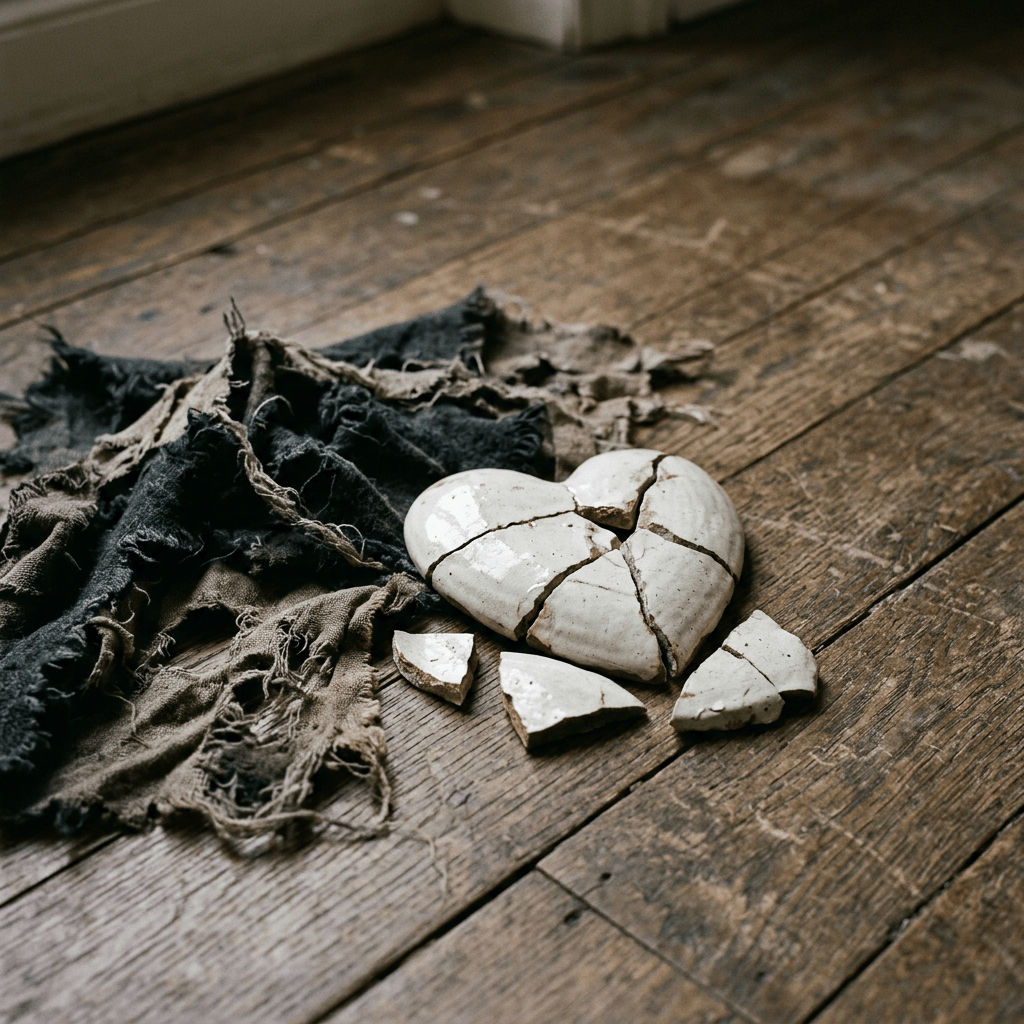 Cracked white ceramic heart with several broken pieces next to torn dark and beige fabric on wooden floor