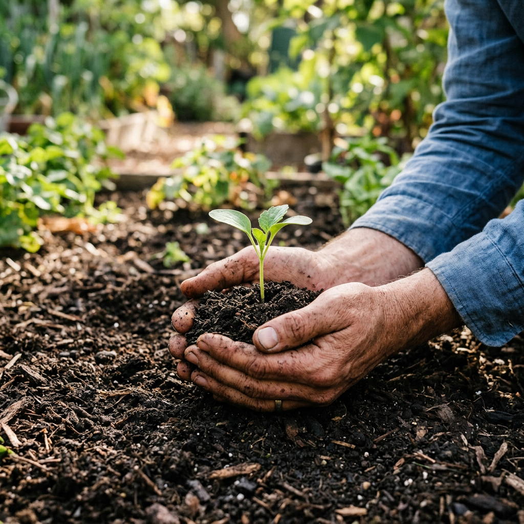 Hands holding soil around a young seedling in a garden bed